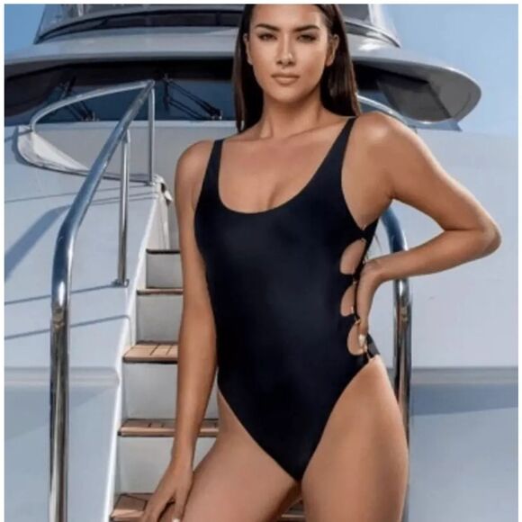 Swininista Low Back One Piece Swim Suit. Gold Hardware - Picture 1 of 6